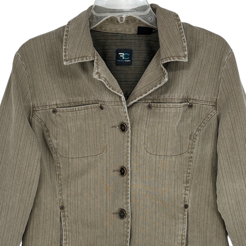 French Cuff Olive Green Ribbed Cotton Jacket Button Up Womens Large Utility